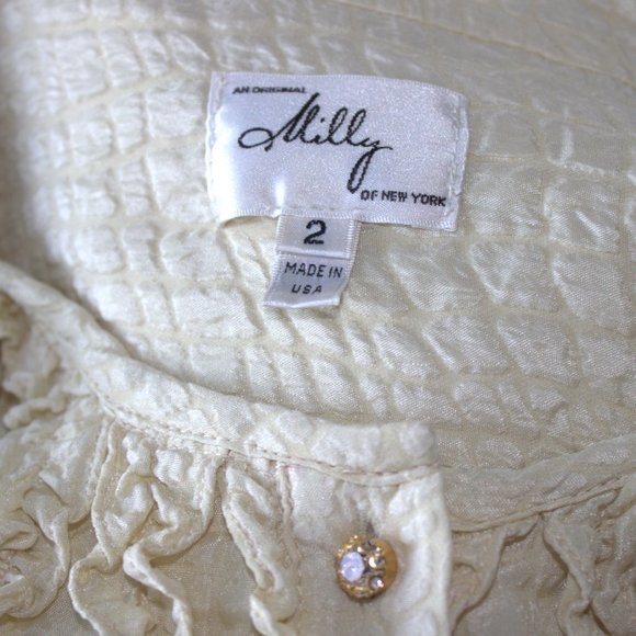 Milly of New York | Ivory 100% Silk Blouse | Long Sleeve, Ruffles & Tie Neck | 2 - Picture 11 of 12